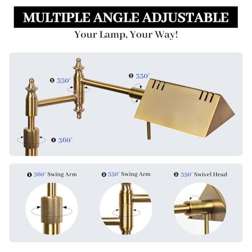 Antique Brass Dimmable Reading Floor Lamp with Remote & Adjustable Brightness