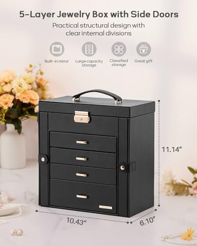 Large Jewelry Box for Women with Lock - 5-Layer Organizer, Black & Gold