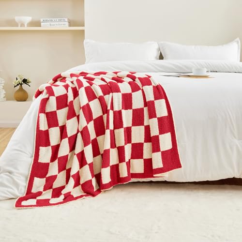 CozeCube Reversible Checkered Knit Throw Blanket 50x60in Christmas Red