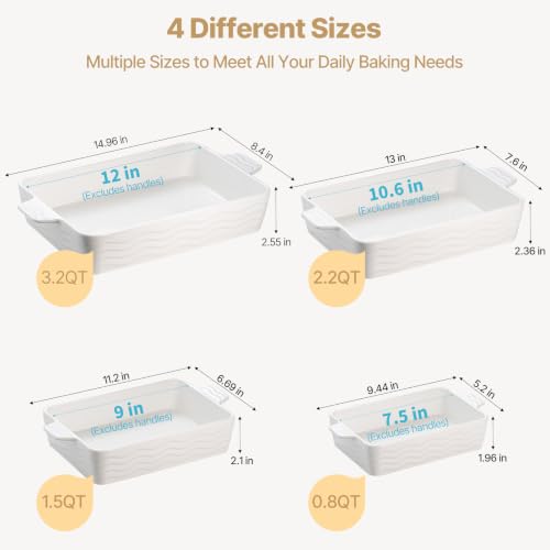 White Ceramic Casserole Dishes Set of 4 - Oven Safe Bakeware with Handles