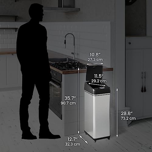 Touchless Sensor Kitchen Trash Can with Odor Filter and Wheels - Silver & Black