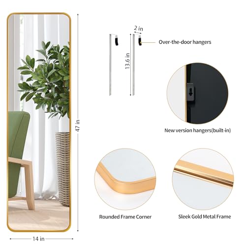 Full Length Gold Wall Mirror - 47 x 14 Inch Aluminum Frame for Bedroom, Bathroom, Closet, Over Door Hanging