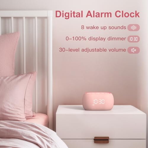 Pink Small White Noise Sound Machine Alarm Clock with Bluetooth & Night Light