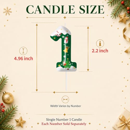 Christmas Number 1 Birthday Candle Green Bell - Cake Topper with Pick, Xmas Tree Holiday Décor