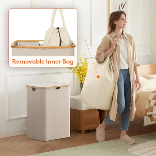 Large Laundry Basket with Lid and Removable Bags - 150L Beige, Collapsible & Easy Carry