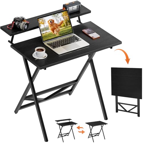 WOHOMO Adjustable Folding Computer Desk with Monitor Stand, Space-Saving Black