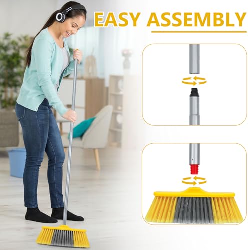 TreeLen B-Yellow 6 Pack Indoor Soft Bristle Brooms with 55-Inch Handle for Hardwood Floors