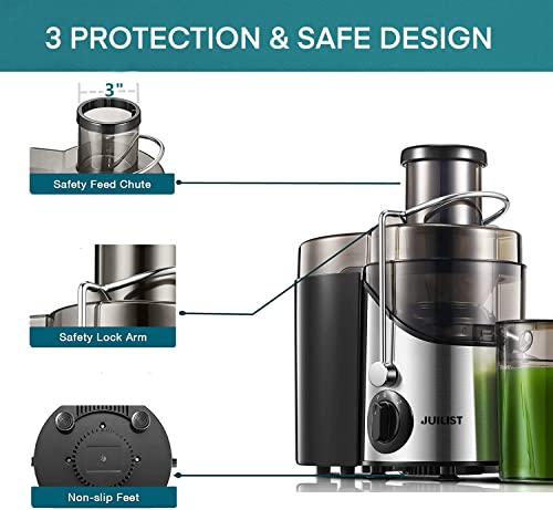 Juilist 3-Inch Wide Mouth Juicer Machine - Silver, 800W Max, 3-Speed, Easy-Clean