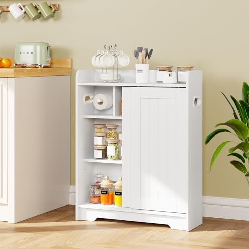 Slim Bathroom Floor Cabinet with Sliding Door - White Storage Organizer