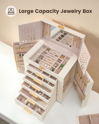 Large 7-Layer Jewelry Box Organizer with 6 Drawers - Beige, 11.4" W
