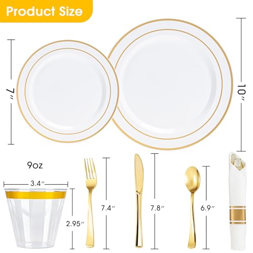 N9R White and Gold Disposable Plastic Plates Set for 50 Guests - Heavy Duty, BPA-Free