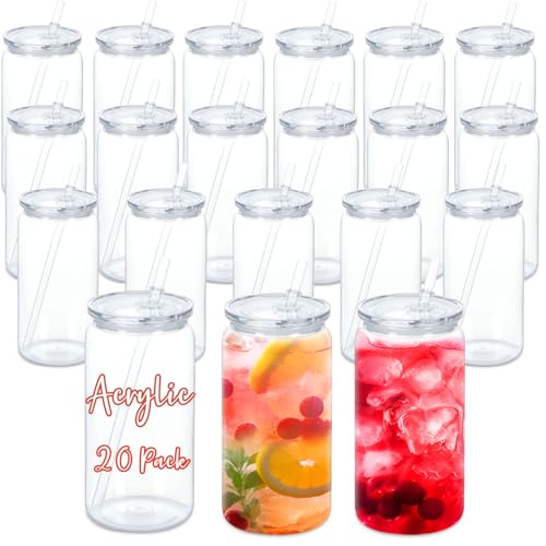 16 Oz Acrylic Can Tumbler Set - Clear Plastic Beer Cups with Lids & Straws, 20 Pack - Variation: Clear / 20
