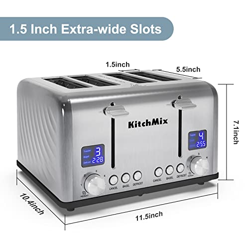 KITCHMIX 4 Slice Stainless Steel Toaster with LCD Timer & Wide Slots - Dual Control & Bagel Function