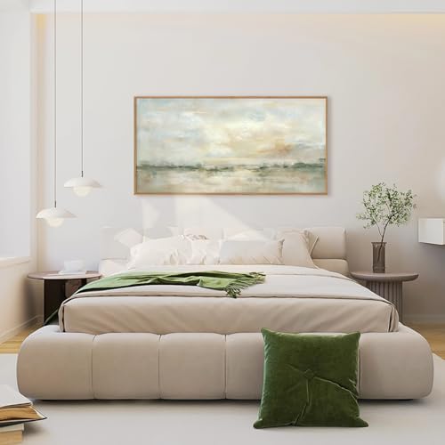Neutral Green Gray Pastel Framed Canvas Wall Art - Lake Landscape, 40x20 inches Variation of THIS listing