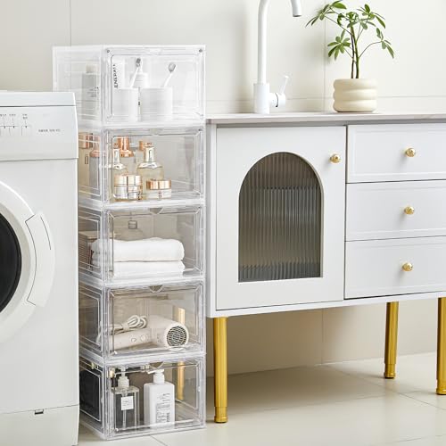 Stackable Clear Storage Bins with Lids - 19 Qt, 9 Pack, White, See-Through