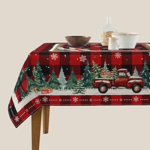 Robvobe Christmas Plaid Square Tablecloth 54X54 Inch Red Truck Xmas
