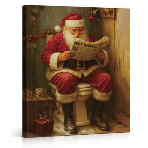 Funny Santa Christmas Bathroom Wall Art Print Vintage Christmas Bathroom Wall Decor Funny Santa Claus Toilet Artwork for Restroom Washroom 8x10 Inch Canvas Framed