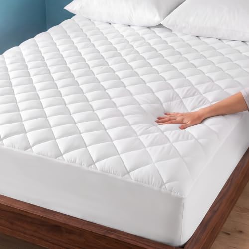 Bare Home Queen Quilted Mattress Pad - White, Deep Pocket Fitted, 15" Depth
