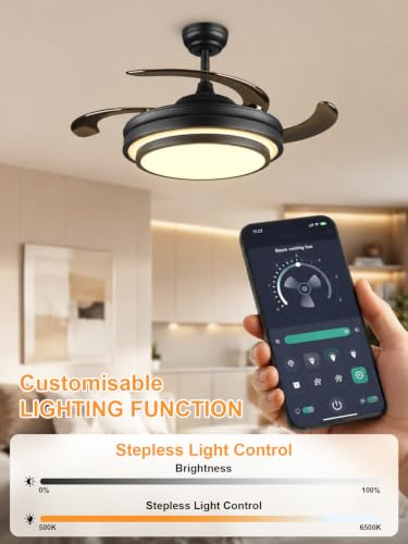 Black 36 Inch Modern Retractable Ceiling Fan with Dimmable LED Light & Remote Control