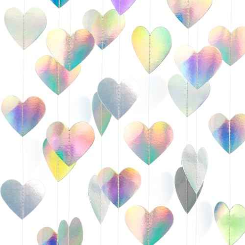 52 Feet Love-Heart Garland Shiny Iridescent Heart Streamers Holographic Paper Garland for Valentines Day Birthday Wedding Engagement Bridal Shower Bachelorette Winter Christmas Decoration