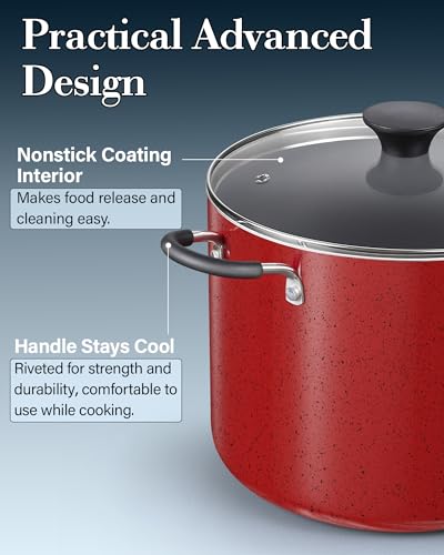 Red 10.5 Quart Non-Stick Stock Pot with Lid - Large Cooking Pot for Soup Stew