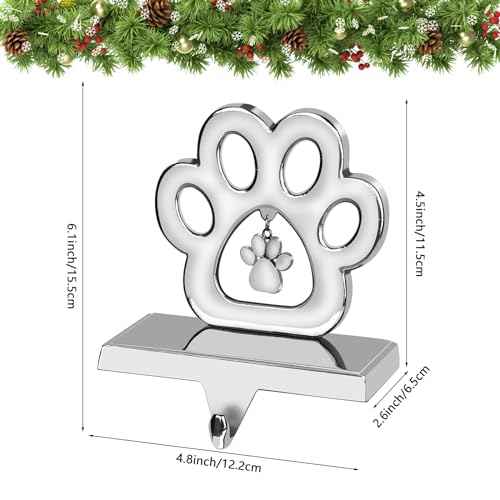 Hooqict 3D Dog Paw Christmas Stocking Holder with Pendant for Mantel Silver Metal Pet Paw Fireplace Decorations Stocking Holder Christmas Stocking Hanger for Christmas Decorations Xmas Holiday Supplie