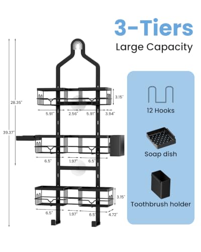 Fitespot Black 3-Tier Hanging Shower Caddy Over Showerhead & Door
