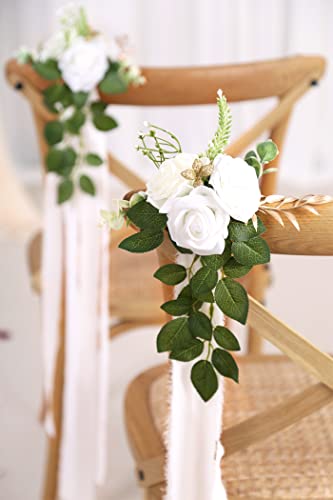 White Wedding Aisle Decorations Set of 10 - Artificial Chair Flowers & Ribbons
