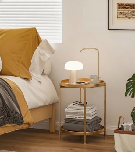 Gold 2-Tier Folding Metal Side Table with Removable Trays - Small Nightstand