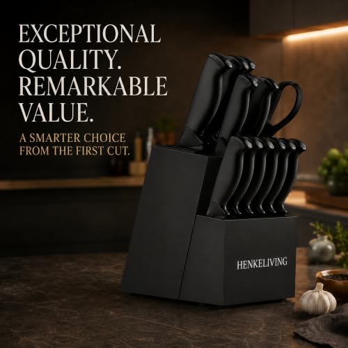 Black Kitchen Knife Block Set with Built-In Sharpener - 14 Pieces