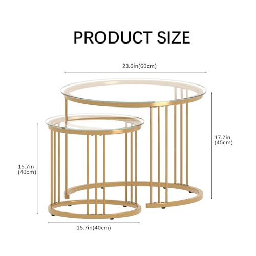 Garden 4 You Gold Glass Nesting Coffee Tables Set of 2 - Space-Saving Round Side Tables for Living Room & Bedroom