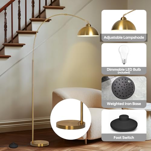 Floor Lamp with 3 Light Modes - Adjustable Dimmable Standing Lamp in Gold