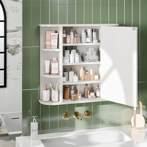 White Wall-Mounted Bathroom Medicine Cabinet with Mirror & 6 Shelves