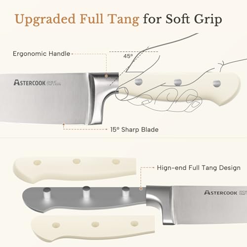 Astercook Cream White 14-Piece Stainless Steel Knife Set with Block & Sharpener