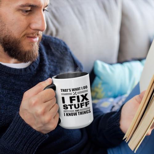 Veracco Black 15oz Funny Mechanic Mug for Dad - I Fix Stuff & Know Things