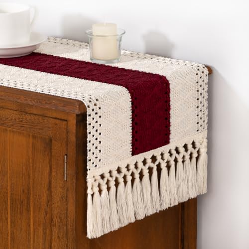 DeZerlor Ivory & Burgundy Boho Farmhouse Macrame Table Runner 12 x 48 Inches