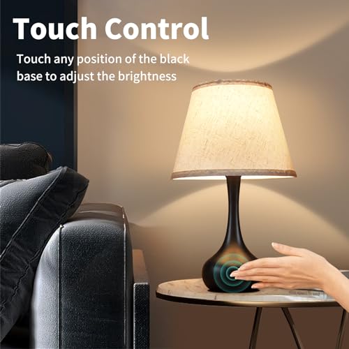 Touch Bedside Lamp Farmhouse 3-Way Dimmable Table Lamp with Linen Shade - Beige & Black, 17.3"