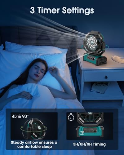 Portable Camping Fan with 20000mAh Battery, Oscillation & LED Light - Green Large