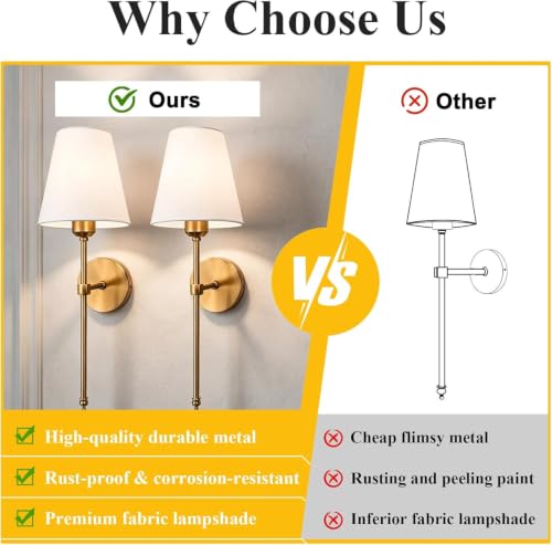 Bsmathom Gold Wall Sconces Set of 2 - Hardwired Brass Bathroom & Bedroom Lighting