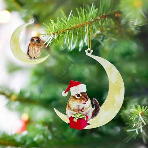 Animals Sitting On The Moon Ornaments for Christmas Tree - Acrylic Chipmunk Christmas Ornament - Christmas Tree Decorations Ornaments - Xmas New Year Gifts