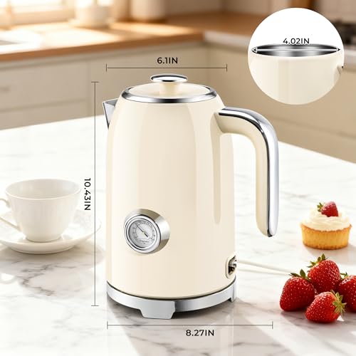 SUSTEAS 57oz Electric Kettle with Thermometer - Beige, Fast Boiling, Safe & Durable