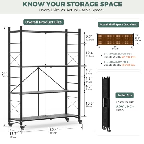 4-Tier Foldable Metal Storage Shelves with Wheels - Large Capacity Organizer, Black Plus