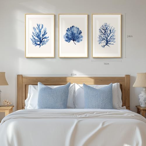 Cuspin 3-Piece Coastal Ocean Blue Coral Wall Art Set 16x24 Inches with Mat