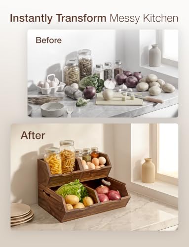 Walnut Color Stackable Acacia Wood Potato & Onion Storage Bin Set - Medium