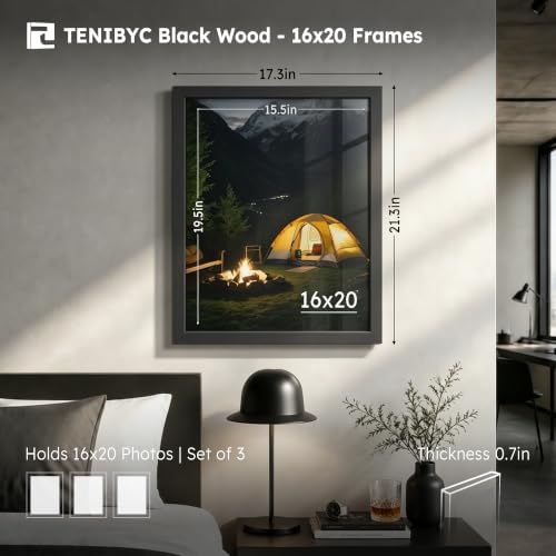 16x20 Black Wood Frame Set - 3 Pack Wall Hanging Picture Frames