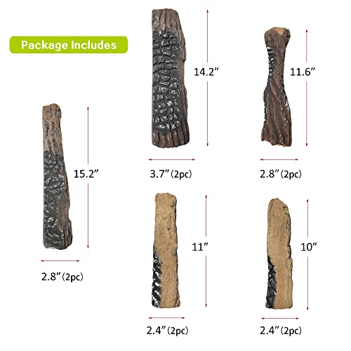 Large Ceramic Gas Fireplace Logs Set of 10 - Realistic Firewood for Indoor & Outdoor Firepits