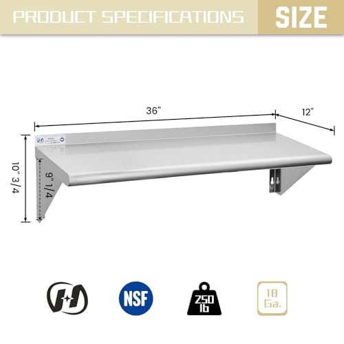 12x36 Stainless Steel Wall Mount Shelf - Commercial Kitchen Rack, NSF Certified, Heavy Duty