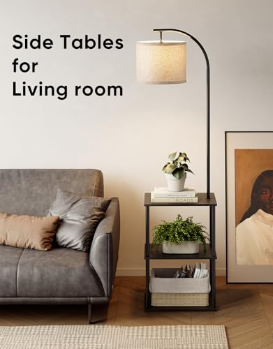 PARTPHONER Black Floor Lamp with Table, Nightstand & 3CCT LED Bulb, Modern End Table for Living Room & Bedroom