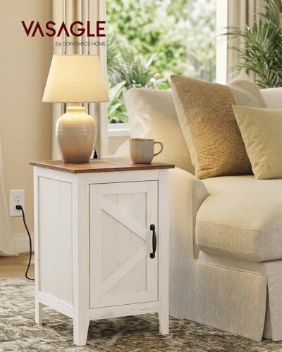 VASAGLE Rustic White & Honey Brown Nightstand with Charging Station, 18.9"D x 14.2"W x 24.8"H