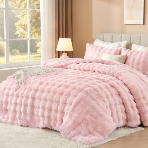 Pink Faux Rabbit Fur Comforter Set - 3 Piece Cozy Bedding